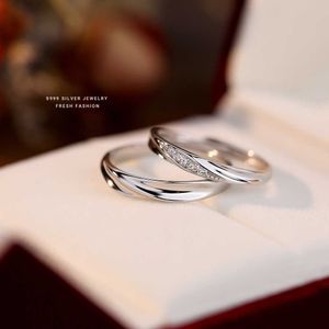 Band Rings S999 Foot Silver Qixi Cross the River of Love Simple Wave Texture Valentine's Day Par Ring Micro Set Zircon Lovers 'Living Ring QK07