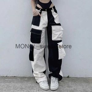 Women's Pants Capris Black and white splicing contrast color corduroy cargo pants women 2023 high waist multi-pocket y2k baggy hot girl casual pantsH24123