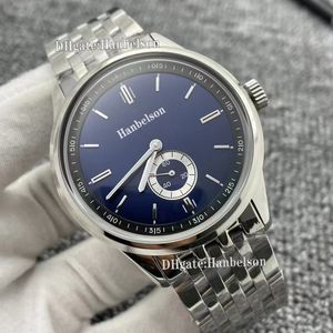 Relógio masculino rosto azul movimento automático segundos dial 46mm relógio de pulso todo aço pulseira de metal cavalheiro relógio pulseira de couro