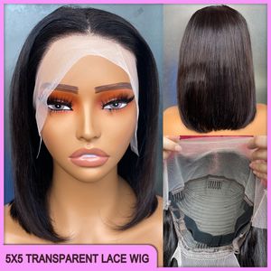 Grad 10a 12A Brasiliansk peruansk 12 tum naturlig svart färg 100% Raw Virgin Remy Human Hair Silkeslen Straight 13x4 Transparent spets Bob Wig Wig Wig