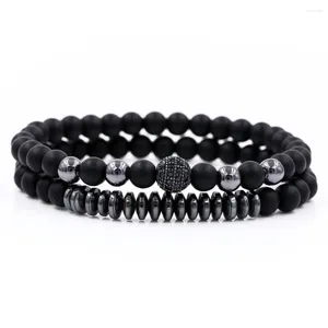 Strand 2PCS/Set Natural Stone Matte Black 6mm Bead Pave CZ Zircon Ball Bracelets For Men&Women Fashion Hematite Wrist Jewelry 2024