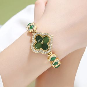 TY_Womens sorte trevo de quatro folhas luz luxo verde ágata pulseira quartzo relógio à prova d'água presentes