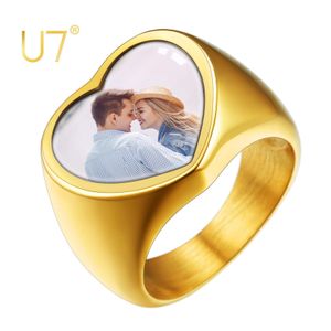 Rings U7 Signet Rings Personalized Stainless Steel Photo Picture Print Text Engraving Heart Couple Ring for Men Women Christmas Gift