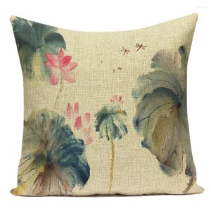 Pillow Chinese Style Ink Painting Cover Sofa Gift Vintage Home Decoration Lotus Velvet Polyester Linen Living Room Square E2320