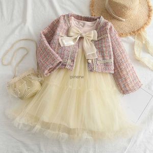 Girl's Dresses Menoea Dress Set 2023 Spring and Autumn New Children's Round Neck Spliced ​​Mesh Dress+Bowtie Plaid Coat Two Piece Set