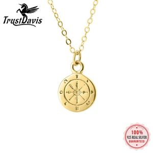 Halsband Trustdavis Real 925 Sterling Silver Gold Color Boho Round Compass Pendent Necklace For Fashion Women Fine Jewelry Gift DA1273