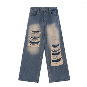 Jeans femminile in stile retrò gamba larga in alto in vita gotico vintage con fori strappati hip hop con colori solidi per un