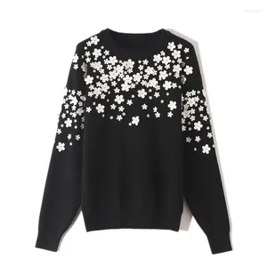 Women's Sweaters Autumn Winter Vintage Luxury Women Pullover White Floral 3D Beading Slim Sweater Simple Knitted Top Blusas Jumpers