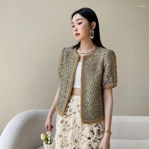 Kurtki damskie Vintage Tweed Gold Tkeved O-Neck Cardigans Coat Women Short Sleeve Jacket Top Emwear 2024 Spring Manding Design