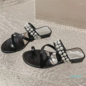 Talltor 2024 Summer Fairy Style Pearl Clip Toe Flat Bottom Sandals For Women Round Grunt Slip On Casual Outwear