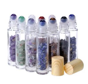 Partihandel Essential Oil Diffuser 10 ml Clear Glass Roll på parfymflaskor med krossad Natural Crystal Quartz Stone Crystal Roller Ball ZZ