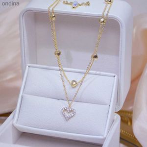 Pendant Necklaces 14k Real Gold Double layer Heart Necklace Shining Bling AAA Zircon Women Clavicle Chain Elegant Charm Wedding Pendant Jewelry YQ240124