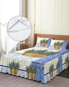 Bettrock, blaue und weiße Porzellanstruktur, Ananas, Spannbettdecke mit Kissenbezügen, Matratzenbezug, Bettwäsche-Set, Bettlaken