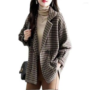 Frauen Trenchcoats Frauen Wollblazer Zweireiher Plaid Weibliche Anzugjacke Mode Koreanische Oberbekleidung Lose Blaser Mantel Vintage