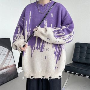 Suéter masculino japonês preguiçoso vintage suéter 2024 outono/inverno casual borda irregular buraco camisa de malha grande casaco de pescoço redondo