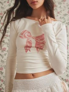Kadın Tişörtleri Kadın Y2K Yay Baskı Kısa Kollu Mahsul Üstler Sevimli Genç Kızlar Grafik Vintage İnce Uygun Temel Bebek Tees Estetik Giysiler