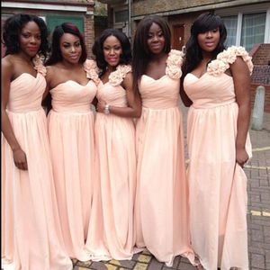 Sexig persika en axel brudtärna klänningar lång chiffong afrika plus storlek brudtärna klänningar 2017 blygsamma billiga brudtärklänningar u235b