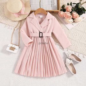 Vestidos da menina primavera outono novo vestido crianças meninas 4-7 anos rosa de mangas compridas terno colarinho vestido plissado para meninas coreano elegante casual