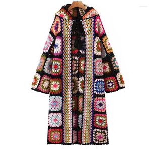 Kvinnors stickor Yenkye Kvinnor Vintage överdimensionerad huva Cardigan Sweater Coat Fashion 2024 Multicolor Plaid Ladies Long Winter Overrock