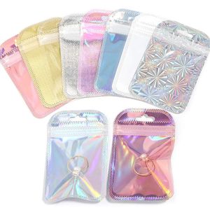 Färgglad laser glänsande plastförpackningspåsar Rensning Display Återställbar blixtlås Pouch Accessorie Mobiltelefon Kabelringar örhängen smycken Skönhet Makeup Egg Packages