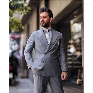 Men's Suits Custom Made Light Grey Business Groomsman Men Double Breasted Peaked Lapel Blazer Party Wedding Prom 2 Pieces Jacket Pants