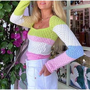 Kadın Sweaters 2024 Sonbahar Kış Kadınlar Zarif Patchwork Strip Örme Retro Kadın O Boyun Uzun Kollu Jumpers Y2K Estetik Üstler