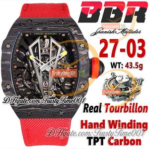 BBR 27-03 Real Tourbillon Hand Winding Mens Watch Black Ntpt Quartz Carbon Fiber Case Skeleton Dial Red Nylon Strap Super Edition Sport TrustyTime001 Watches Tour