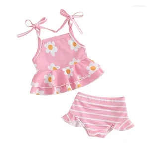 Zestawy odzieży Baby Girl Swimsuit 2 -częściowy zestaw bez rękawów Kwiatowy nadruk krawata górna talia szorty kąpielowe Kąpiec