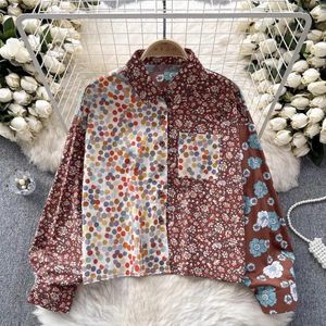 Blouses feminina Vão Vão, design coreano, contraste colorido costura floral camisas curtas temperamento colar colarinho casual solto