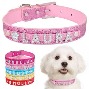 Custom Dog Collars PU Leather with Rhinestone Personalized Name Letters Diamante Jewelry Gems DIY Pet Tag Croco Collar Charms for Small Medium Dogs Large Cat Pink