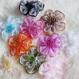 Flores decorativas 20pcs fita de organza com miçangas 2 camadas flor de seda artificial apliques artesanais costura casamento artesanato presente decoração