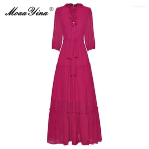 Повседневные платья MoaaYina, летняя мода, взлетно-посадочная полоса, розово-красное винтажное платье, женское платье с рукавом-фонариком, украшенное бриллиантами и бисером, аппликации, длинные оборки на бретельках
