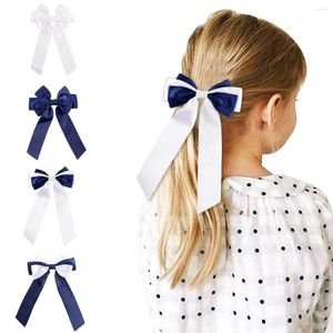 Hair Accessories Grosgrain Long Ribbon Bow Side Clips White Navy Colors Barrettes Multilayer Bowknot Hairgrips Handmade