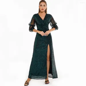 Casual Dresses Beauty-Emily Sexy Vintage Green V-neck Sequin Dress High Split Long Evening Vestidos De Fiesta Noche