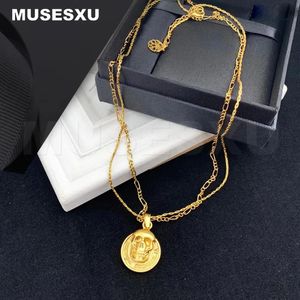 Necklaces Luxury Retro Brand Golden Skull Embossed Round Pendant Double Layer Necklace For Women's & Man's Party Jewelry Gifts