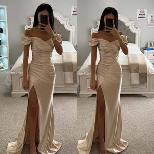 Light Champagne Prom Off Shoulder Satin Evening Elegant Pleats Split Formal Long Special Ocn Party Dress Promdress Robe De Soiree