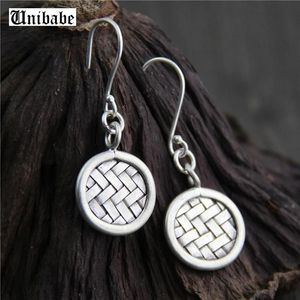 Örhängen Pure Silver Ethnic Thai Hand Made Sterling 925 Silver Dangle Drop Weaving Disc Earrings Vintage Matt Retro Craft Woman Jewelry