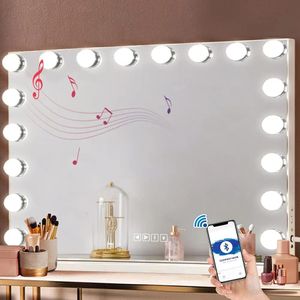 Espelhos Grande espelho de vaidade com luzes e alto-falantes Bluetooth Luzes LED reguláveis com porta USB de ampliação de 10 vezes para maquiagem feminina