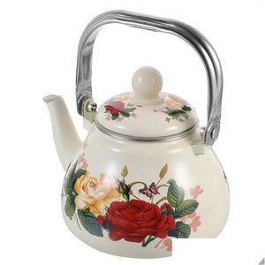 Set di stoviglie Smalto Bollitore per il tè Piano cottura Bollitore in porcellana smaltata 1L Vaso per fiori vintage Maniglia fredda Colino Teiera floreale retrò Dhosz