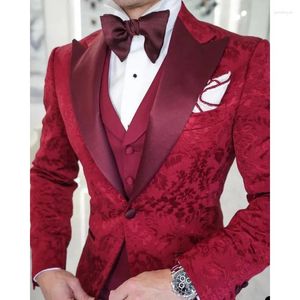 Abiti da uomo Costume Homme Matrimonio Rosso Motivo floreale Matrimonio Sposo Uomo 3 pezzi Tuxedo Slim Fit Uomo Blazer Giacca Pantalone Gilet