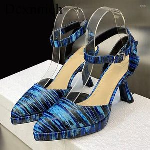 Genuine Leather Ankle Sandals Platform Strap Thin High Heel Women Pointed Toe Closed Sandalias Summer Party Dress Shoes 3357