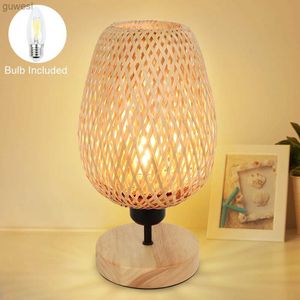 Desk Lamps Depuley LED Bedside Table Lamp Solid Wood Base Rattan Bamboo Lampshade Minimalist Nightstand Desk Lamp for Bedroom Living Room YQ240123