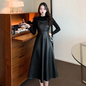 Work Dresses French Vintage PU Leather Black Midi Sets For Women 2 Pieces 2024 Autumn Elegant Fashion Party Female Clothing