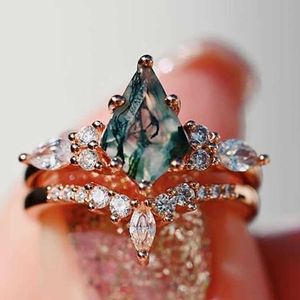 Bandringar Hot Selling Natural Agate Green Moss Stone Diamond Shaped Women's Wedding Ring Jewelry Z8D4