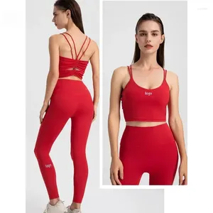 Set attivi LO Canotta di bellezza sexy Canotta Abito da yoga Reggiseno sportivo Set di pantaloni fitness da corsa per anca a vita alta nudo