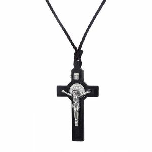Pendant Necklaces Religious INRI Crucifix Necklace for Men Women's Catholic Small Wooden Cross Necklace Pendant Jewelry Rope Chains Collier 60CM