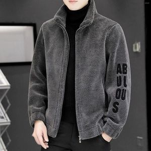 Jaquetas masculinas jaqueta de lã de inverno cor sólida carta sherpa casaco casual grosso quente gola zip ao ar livre windbreak macio e confortável