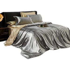 Light luxury silk silk washed silk four-piece set, solid color quilt cover, ice silk sheets, bedding