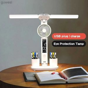 Lampy biurkowe Nowe podwójne oświetlenie wentylatorów LED ładowna lampa stołowa Ochrona oka Nauka uczenie się studentów wtyczka wtyczka inteligentna lampy YQ240123