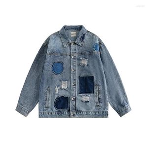 Giacche da uomo Giacca di jeans strappata alla moda con patchwork Cappotto di jeans rattoppato effetto consumato High Street Lavato Vestibilità ampia Capispalla Y2K